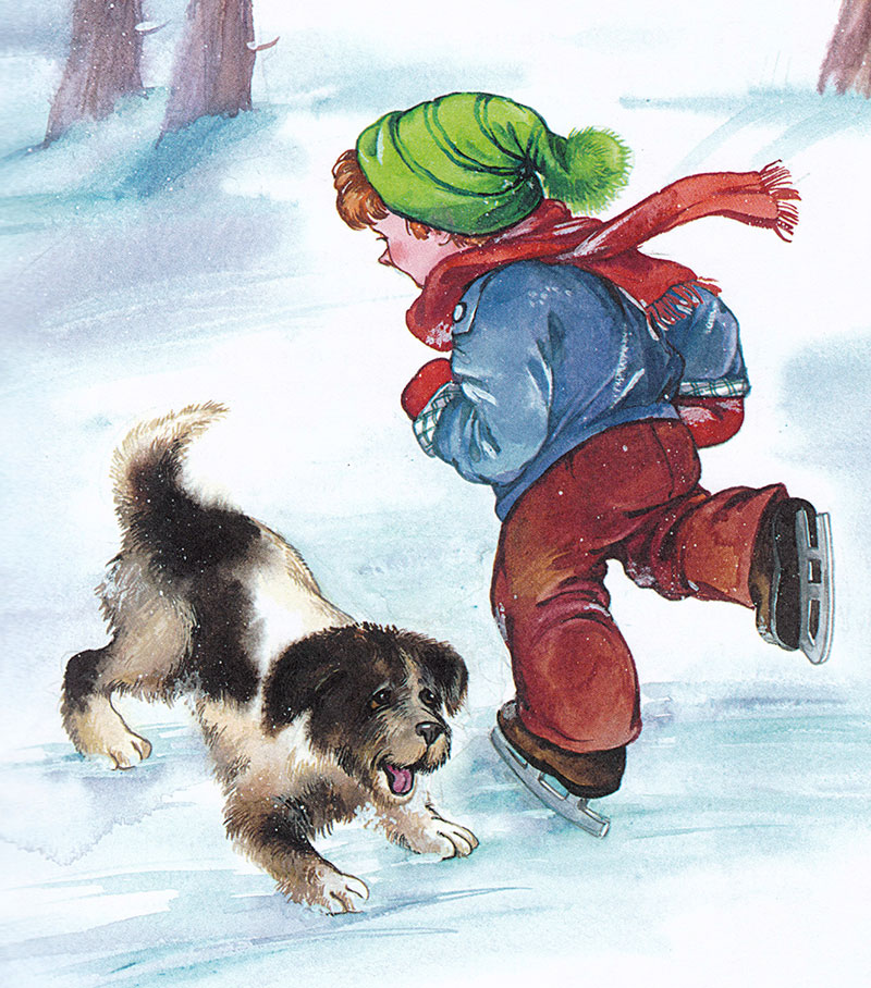 Мальчик на коньках с собакой