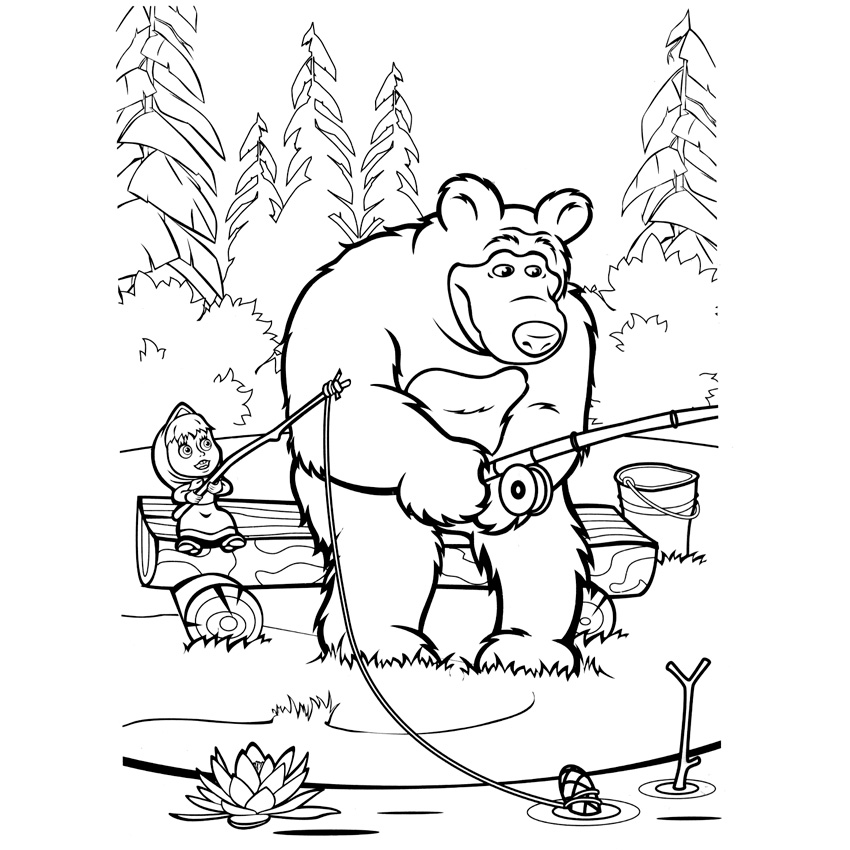 Раскраска Маша и Медведь распечатать
